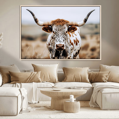 76294381-MGV-CV-36X24-Texas Longhorn Wall Art Canvas Print, Framed Spotted Cow Art Picture Print, Horned Cattle Perfect Rustic Western Decor Artwork