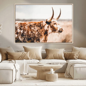 11528295-MGV-CV-36X24-Speckled Longhorn Wall Art Canvas Print, Framed Texas Cattle Art Picture Print, Horned Cow Perfect Rustic Western Decor Artwork