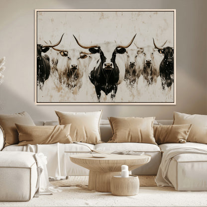 12027562-MGV-CV-36X24-Longhorn Cattle Wall Art Canvas Print, Framed Bison Herd Art Picture Print, Cattle Group Perfect Rustic Farmhouse Decor Artwork