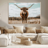 39350715-MGV-CV-36X24-Texas Longhorn Wall Art Canvas Print, Framed Longhorn Cow Art Picture Print, Western Cattle Perfect Rustic Western Decor Artwork