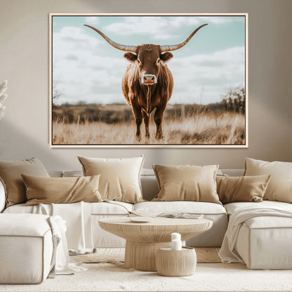 39350715-MGV-CV-36X24-Texas Longhorn Wall Art Canvas Print, Framed Longhorn Cow Art Picture Print, Western Cattle Perfect Rustic Western Decor Artwork
