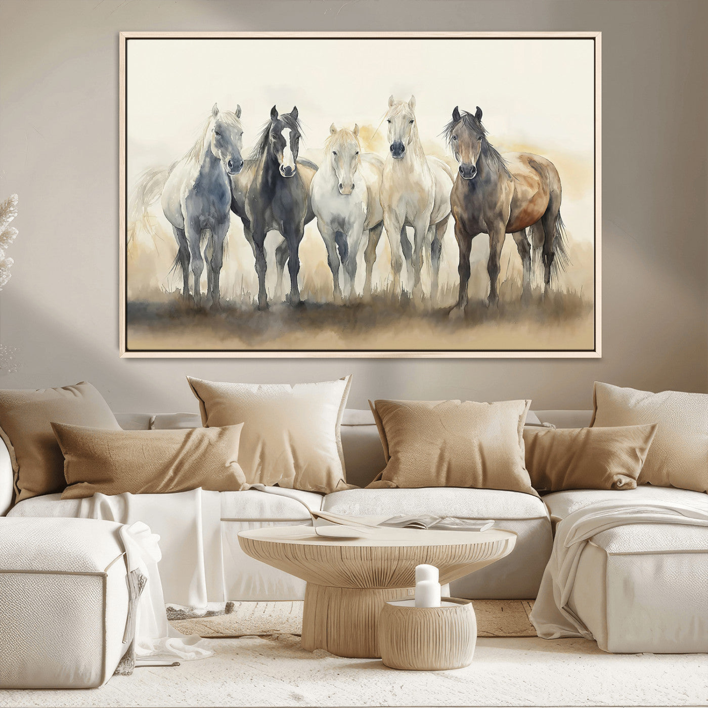 11177620-MGV-CV-36X24-Wild Horses Wall Art Canvas Print, Framed Running Horses Art Picture Print, Watercolor Horses Perfect Rustic Western Decor Artwork