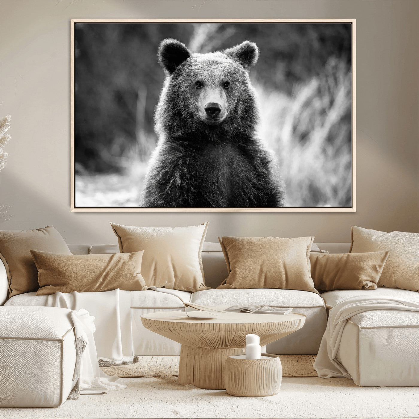 MGV-FC-36X24 - Grizzly Bear Wall Art Canvas Print, Framed Black White Bear Art Picture Print, Wild Bear Perfect Rustic Wildlife Decor Artwork