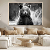 MGV-FC-36X24 - Grizzly Bear Wall Art Canvas Print, Framed Black White Bear Art Picture Print, Wild Bear Perfect Rustic Wildlife Decor Artwork