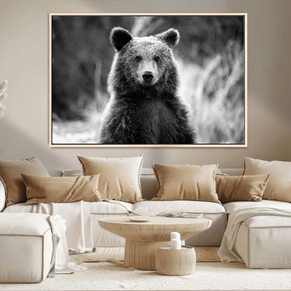MGV-FC-36X24 - Grizzly Bear Wall Art Canvas Print, Framed Black White Bear Art Picture Print, Wild Bear Perfect Rustic Wildlife Decor Artwork