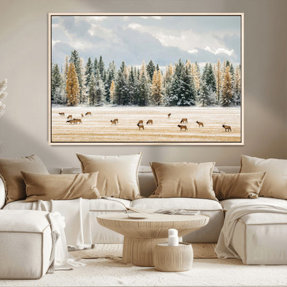 64188182-MGV-CV-36X24-Elk Herd Wall Art Canvas Print, Framed Snowy Forest Art Picture Print, Forest Elks Perfect Neutral Rustic Decor Artwork