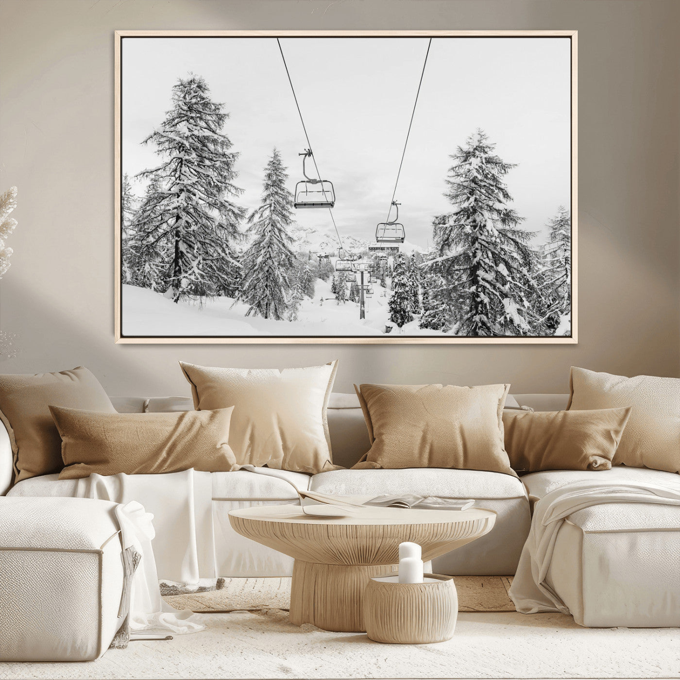 55003599-MGV-CV-36X24-Snowy Ski Lift Wall Art Canvas Print, Framed Winter Forest Art Picture Print, Ski lift Ride Perfect Winter Lodge Decor Artwork