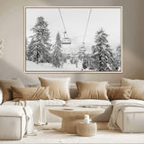 55003599-MGV-CV-36X24-Snowy Ski Lift Wall Art Canvas Print, Framed Winter Forest Art Picture Print, Ski lift Ride Perfect Winter Lodge Decor Artwork