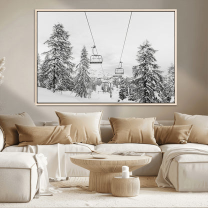 55003599-MGV-CV-36X24-Snowy Ski Lift Wall Art Canvas Print, Framed Winter Forest Art Picture Print, Ski lift Ride Perfect Winter Lodge Decor Artwork