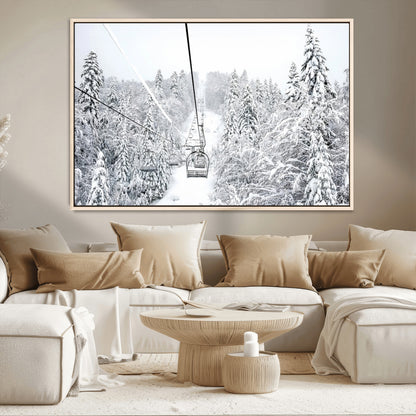 60296839-MGV-CV-36X24-Snowy Mountains Wall Art Canvas Print, Framed Ski Lift Art Picture Print, Winter Forest Perfect Winter Minimalist Decor Artwork