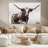 95249234-MGV-CV-36X24-Texas Longhorn Wall Art Canvas Print, Framed Spotted Bull Art Picture Print, Horned Cattle Perfect Rustic Farmhouse Decor Artwork