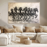 56089591-MGV-CV-36X24-Galloping Horses Wall Art Canvas Print, Framed Wild Stallions Art Picture Print, Horse Herd Sketch Perfect Monochrome Dynamic