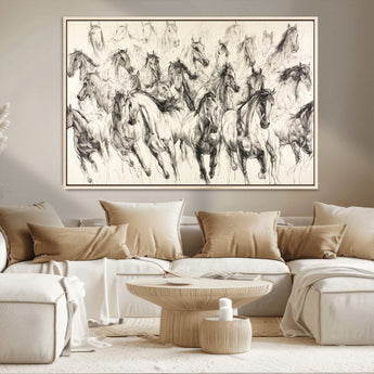 19433417-MGV-CV-36X24-Running Horses Wall Art Canvas Print, Framed Horse Sketch Art Picture Print, Galloping Herd Perfect Monochrome Western Decor