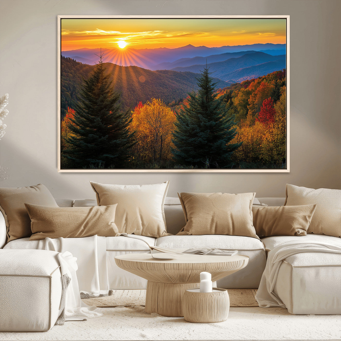 36964931-MGV-CV-36X24-Autumn Mountains Wall Art Canvas Print, Framed Sunset Glow Forest Art Picture Print, Golden Trees Perfect Vibrant Nature Decor