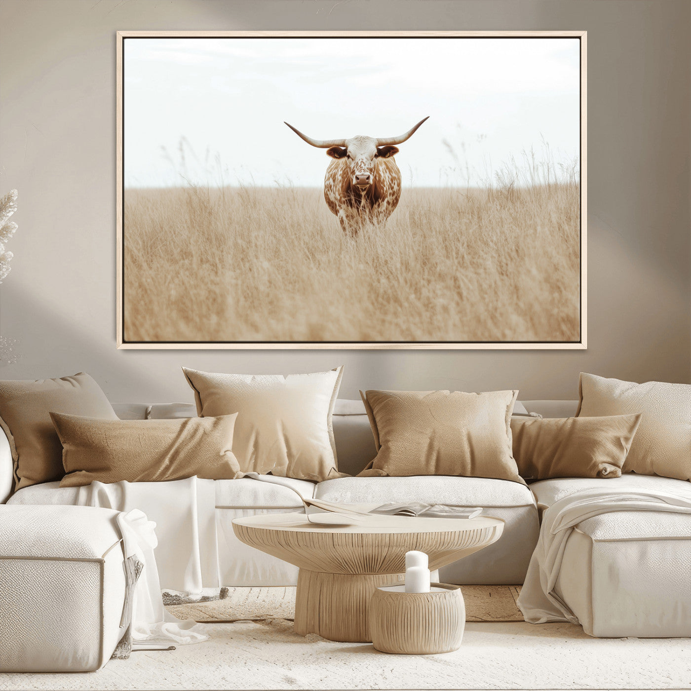 20927060-MGV-CV-36X24-Texas Longhorn Wall Art Canvas Print, Framed Lone Cattle Art Picture Print, Longhorn Bull Perfect Rustic Western Decor Artwork
