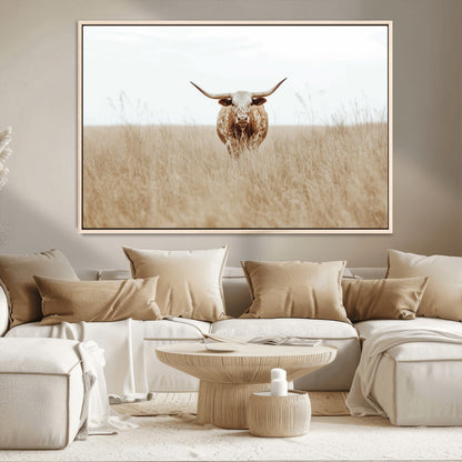 20927060-MGV-CV-36X24-Texas Longhorn Wall Art Canvas Print, Framed Lone Cattle Art Picture Print, Longhorn Bull Perfect Rustic Western Decor Artwork