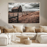 73898372-MGV-CV-36X24-Rustic Barn Wall Art Canvas Print, Framed Moody Field Art Picture Print, Weathered Fence Perfect Moody Farmhouse Decor Artwork