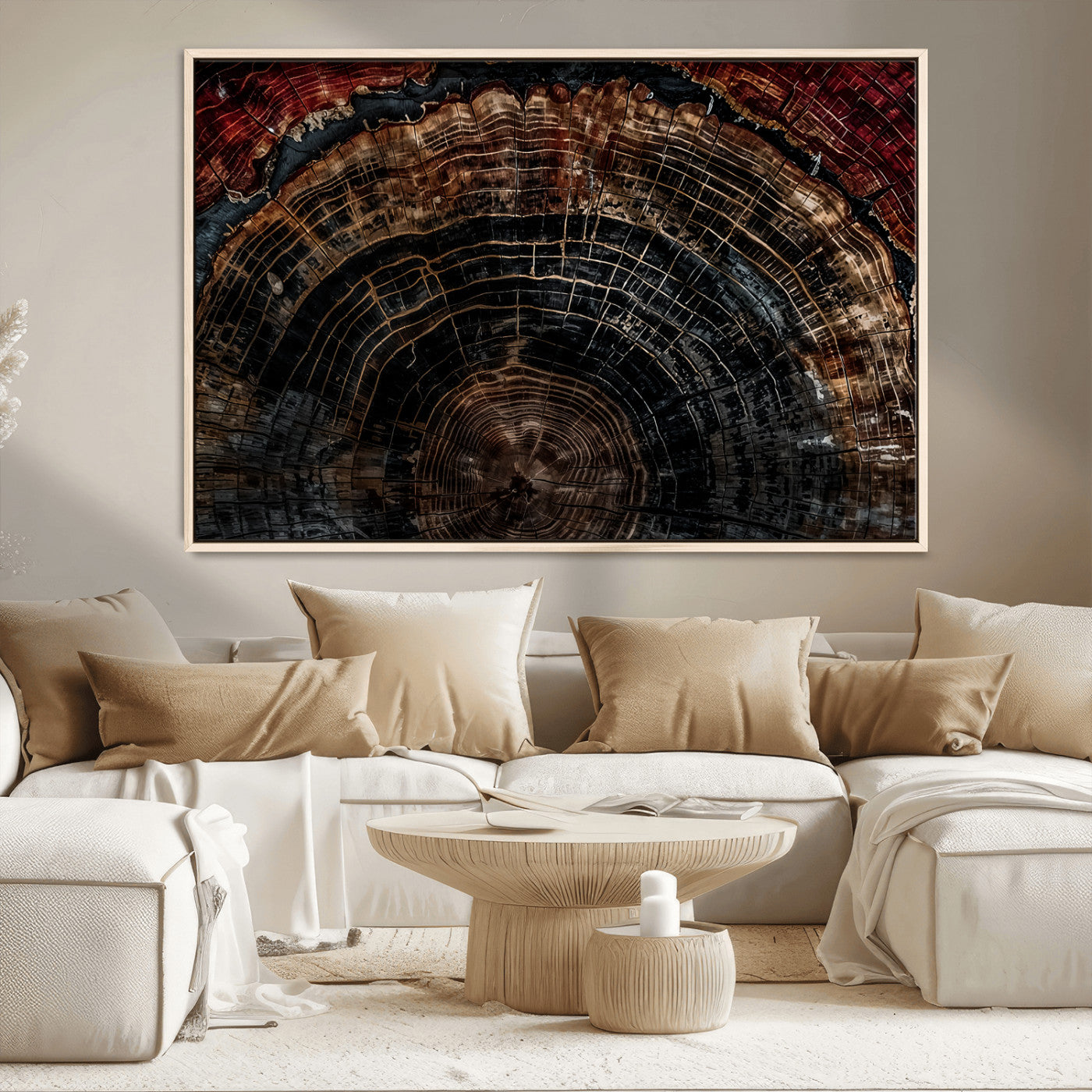 43686762-MGV-CV-36X24-Dark Wood Ring Wall Art Canvas Print, Framed Abstract Wood Tree Art Picture Print, Rustic Tree Slice Perfect Rustic Decor Artwork
