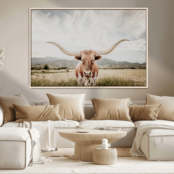 80054319-MGV-CV-36X24-Longhorn Wall Art – Rustic Western Canvas Print, Majestic Bull Artwork for Farmhouse, Ranch or Living Room