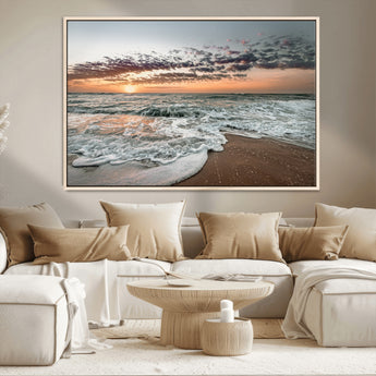40632752-MGV-CV-36X24-Ocean Sunset Wall Art Canvas Print, Framed Beach Waves Art Picture Print, Coastal Scene Perfect Coastal Decor Artwork