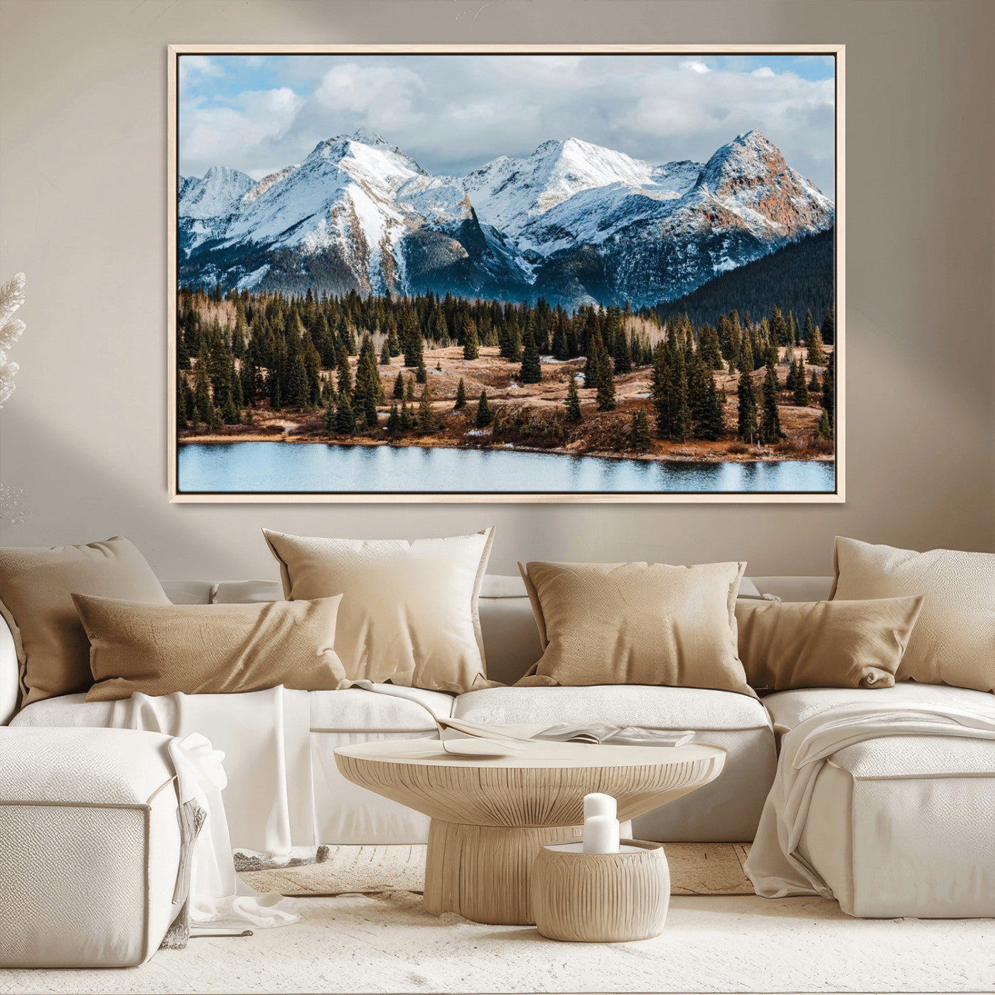 36247746-MGV-CV-36X24-Snowy Peaks Wall Art Canvas Print, Framed Alpine Lake Art Picture Print, Pine Forest Perfect Alpine Wilderness Decor Artwork