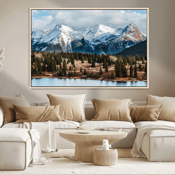 36247746-MGV-CV-36X24-Snowy Peaks Wall Art Canvas Print, Framed Alpine Lake Art Picture Print, Pine Forest Perfect Alpine Wilderness Decor Artwork