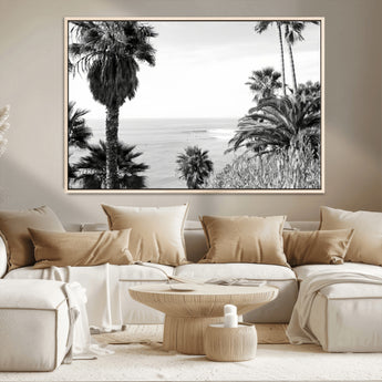 89458520-MGV-CV-36X24-Palm Trees Wall Art Canvas Print, Framed Coastal View Art Picture Print, Ocean Horizon Perfect Monochrome Coast Decor Artwork