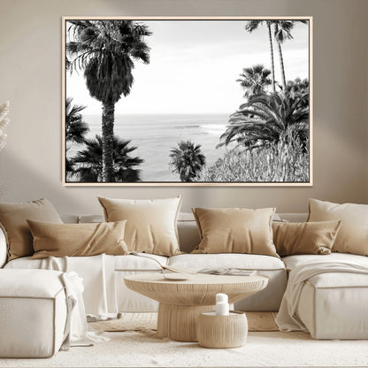 89458520-MGV-CV-36X24-Palm Trees Wall Art Canvas Print, Framed Coastal View Art Picture Print, Ocean Horizon Perfect Monochrome Coast Decor Artwork