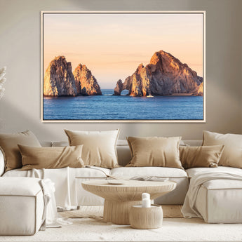 72996116-MGV-CV-36X24-El Arco Wall Art Canvas Print, Framed Cabo Rocks Art Picture Print, Ocean Arch Perfect Golden Coastal Landmark Decor Artwork