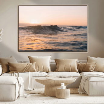 46299358-MGV-CV-36X24-Sunset Waves Wall Art Canvas Print, Framed Ocean Horizon Art Picture Print, Golden Water Perfect Golden Hour Coastal Decor Artwork