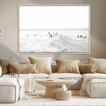 33449548-MGV-CV-36X24-Group Surfers Wall Art Canvas Print, Framed Ocean Wave Art Picture Print, Surf Crowd Perfect Monochrome Surf Decor Artwork