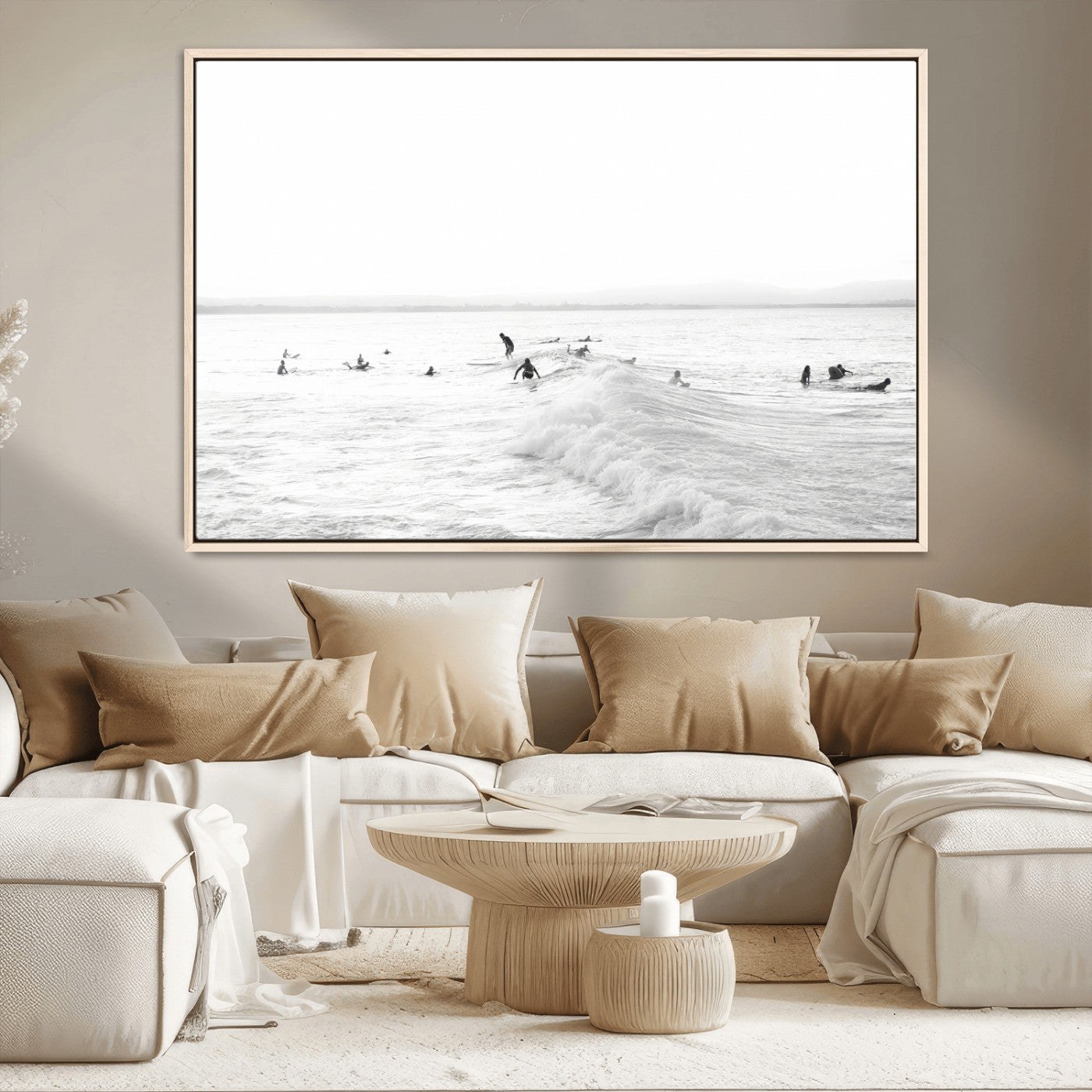 33449548-MGV-CV-36X24-Group Surfers Wall Art Canvas Print, Framed Ocean Wave Art Picture Print, Surf Crowd Perfect Monochrome Surf Decor Artwork
