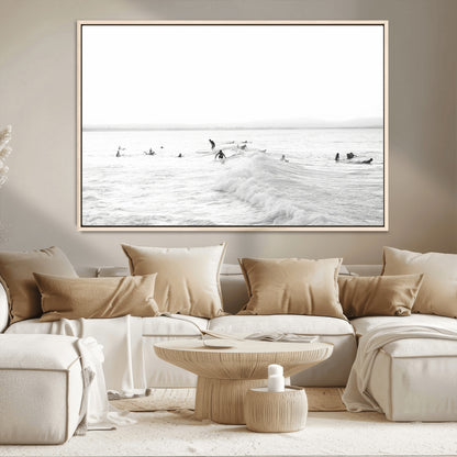 33449548-MGV-CV-36X24-Group Surfers Wall Art Canvas Print, Framed Ocean Wave Art Picture Print, Surf Crowd Perfect Monochrome Surf Decor Artwork