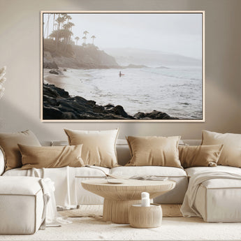 62501405-MGV-CV-36X24-Misty Beach Wall Art Canvas Print, Framed California Surfer Art Picture Print, Coastal Cliff Perfect Coastal Beach Decor Artwork