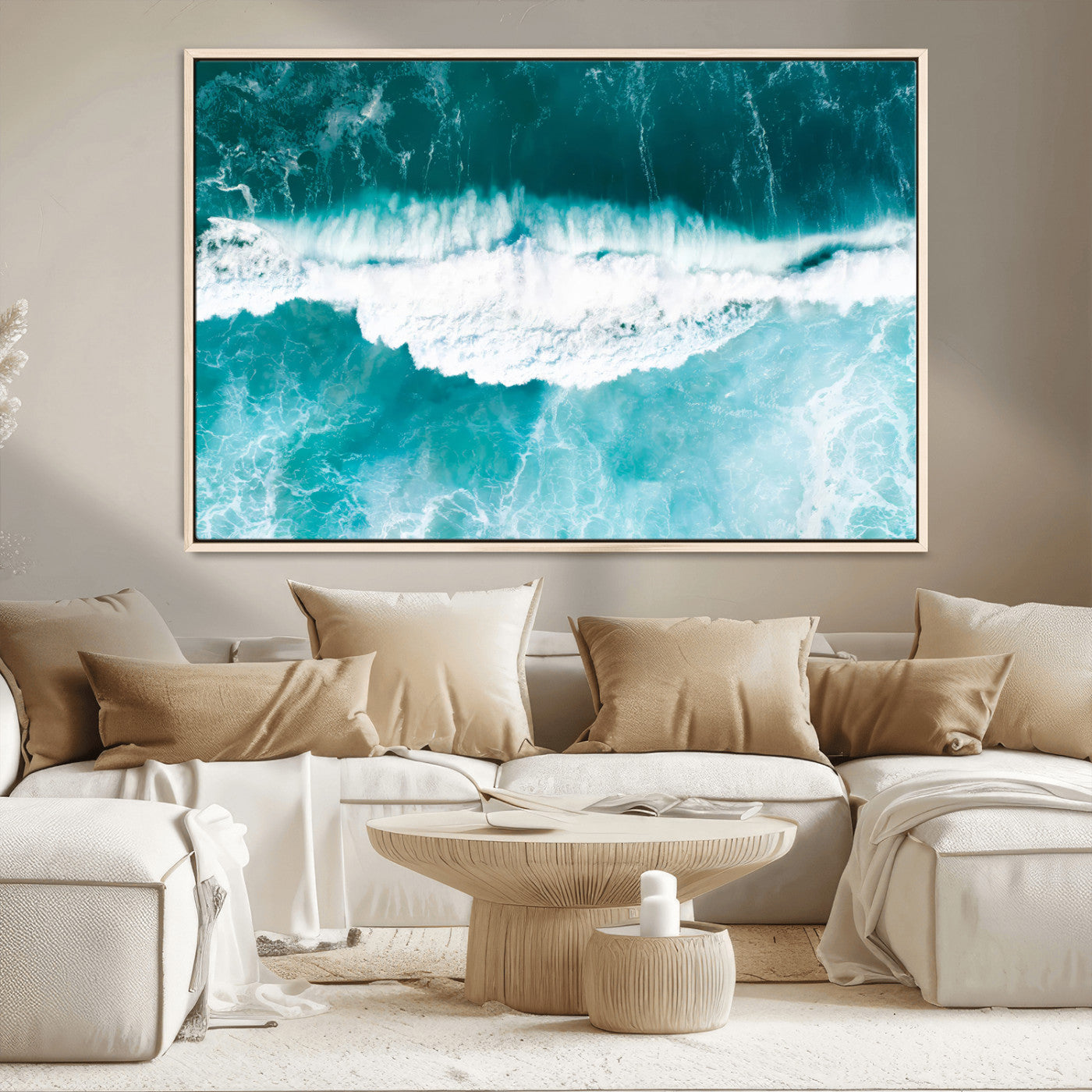 23828594-MGV-CV-36X24-Aerial Waves Wall Art Canvas Print, Framed Ocean Break Art Picture Print, Sea Foam Perfect Tropical Coastal Decor Artwork