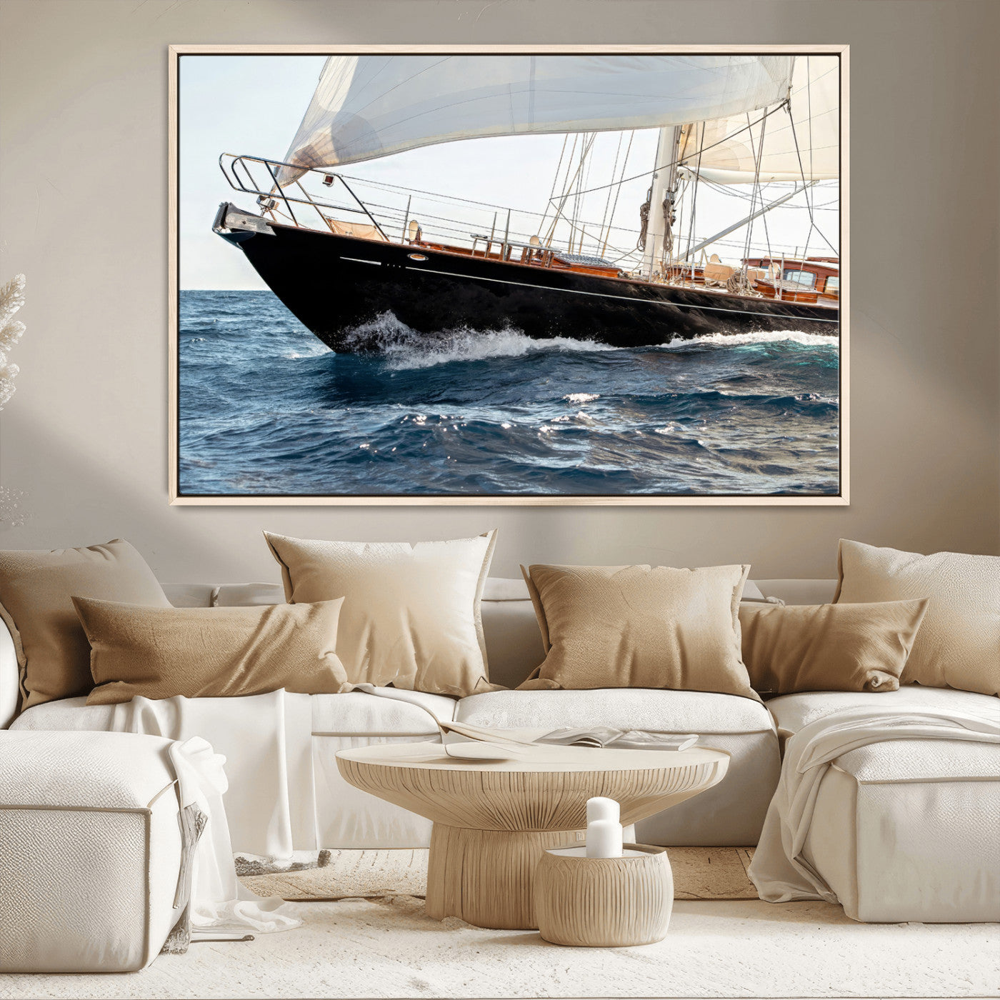 97168626-MGV-CV-36X24-Sailing Yacht Wall Art Canvas Print, Framed Wooden Yacht Art Picture Print, Ocean Waves Perfect Nautical Coastal Decor Artwork