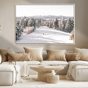 62119206-MGV-CV-36X24-Snowy Trail Wall Art Canvas Print, Framed Ski Slope Art Picture Print, Winter Pines Perfect Alpine Adventure Decor Artwork