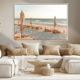 58507949-MGV-CV-36X24-Beach Umbrellas Wall Art Canvas Print, Framed Empty Loungers Art Picture Print, Soft Sand Perfect Minimalist Seaside Decor Artwork