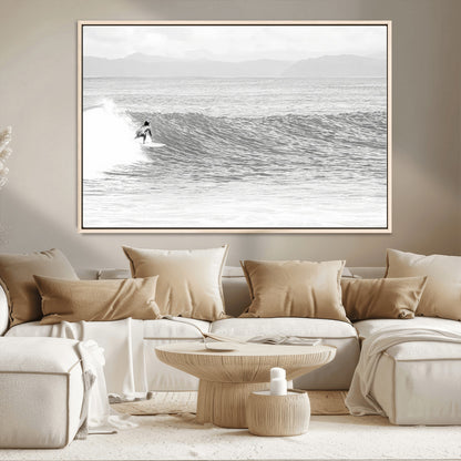 81535128-MGV-CV-36X24-Surfer Woman Wall Art Canvas Print, Framed Black Ocean Art Picture Print, Ocean Surfing Perfect Monochrome Coastal Decor Artwork