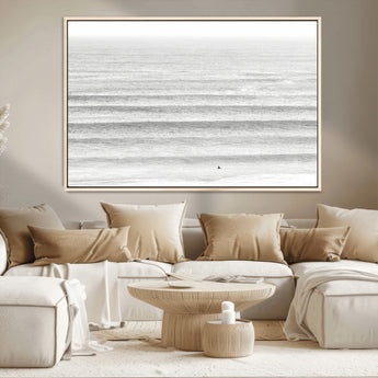 66534476-MGV-CV-36X24-Lone Surfer Wall Art Canvas Print, Framed Ocean Waves Art Picture Print, Minimal Sea Perfect Minimal Coastal Decor Artwork