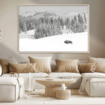 68081143-MGV-CV-36X24-Snowy Bison Wall Art Canvas Print, Framed Winter Forest Art Picture Print, Lone Bison Perfect Monochrome Winter Wild Decor Artwork