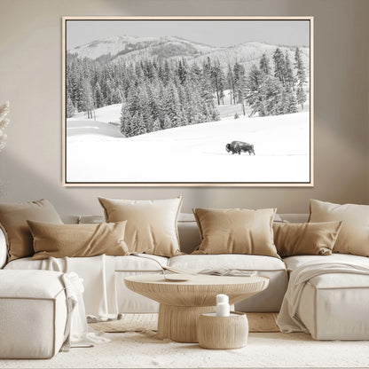 68081143-MGV-CV-36X24-Snowy Bison Wall Art Canvas Print, Framed Winter Forest Art Picture Print, Lone Bison Perfect Monochrome Winter Wild Decor Artwork