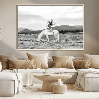 62789800-MGV-CV-36X24-White Horse Wall Art Canvas Print, Framed Woman Rider Art Picture Print, Equestrian Pose Perfect Western Boho Decor Artwork