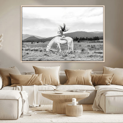 62789800-MGV-CV-36X24-White Horse Wall Art Canvas Print, Framed Woman Rider Art Picture Print, Equestrian Pose Perfect Western Boho Decor Artwork