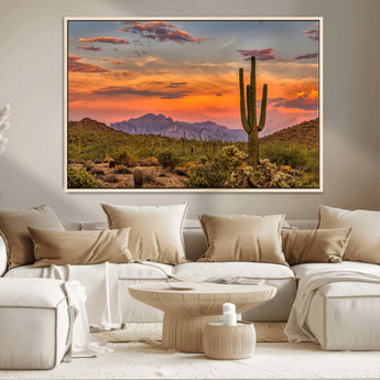 25332783-MGV-CV-36X24-Saguaro Cactus Wall Art Canvas Print, Framed Arizona Sunset Art Picture Print, Sonoran Desert Perfect Southwestern Boho Decor