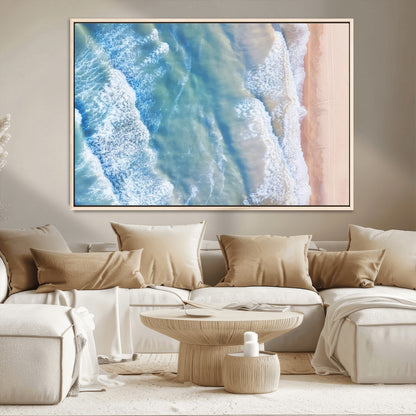 17641845-MGV-CV-36X24-Aerial Ocean Wall Art Canvas Print, Framed Blue Waves Art Picture Print, Sandy Shoreline Perfect Modern Coastal Decor Artwork