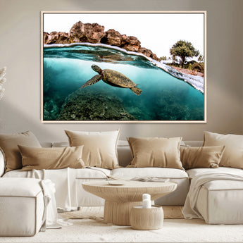 44200301-MGV-CV-36X24-Sea Turtle Swim Wall Art Canvas Print, Framed Ocean Life Art Picture Print, Tropical Shoreline Perfect Tropical Coastal Decor