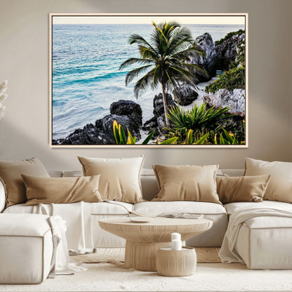 94669907-MGV-CV-36X24-Tropical Coastline Wall Art Canvas Print, Framed Palm Tree Art Picture Print, Rocky Beach Perfect Tropical Coastal Decor Artwork