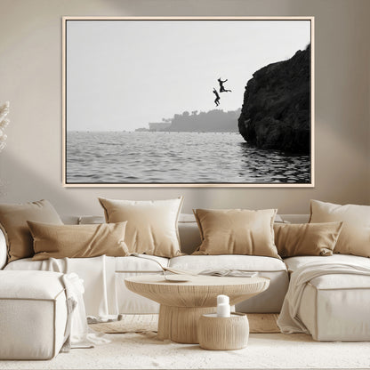 52284302-MGV-CV-36X24-Cliff Jumping Wall Art Canvas Print, Framed Ocean Adventure Art Picture Print, Black White Coast Perfect Modern Coastal Decor