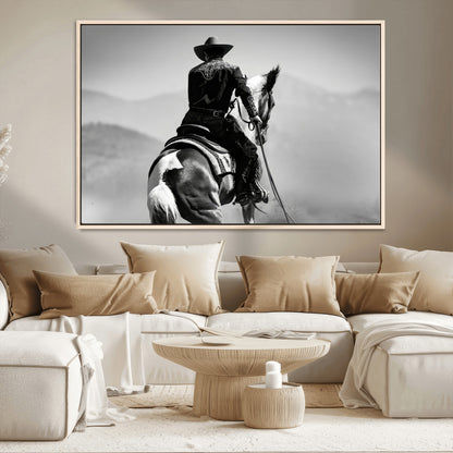 83102464-MGV-CV-36X24-Western Cowboy Wall Art Canvas Print, Framed Monochrome Horse Art Picture Print, Western Equestrian Perfect Rustic Western Decor